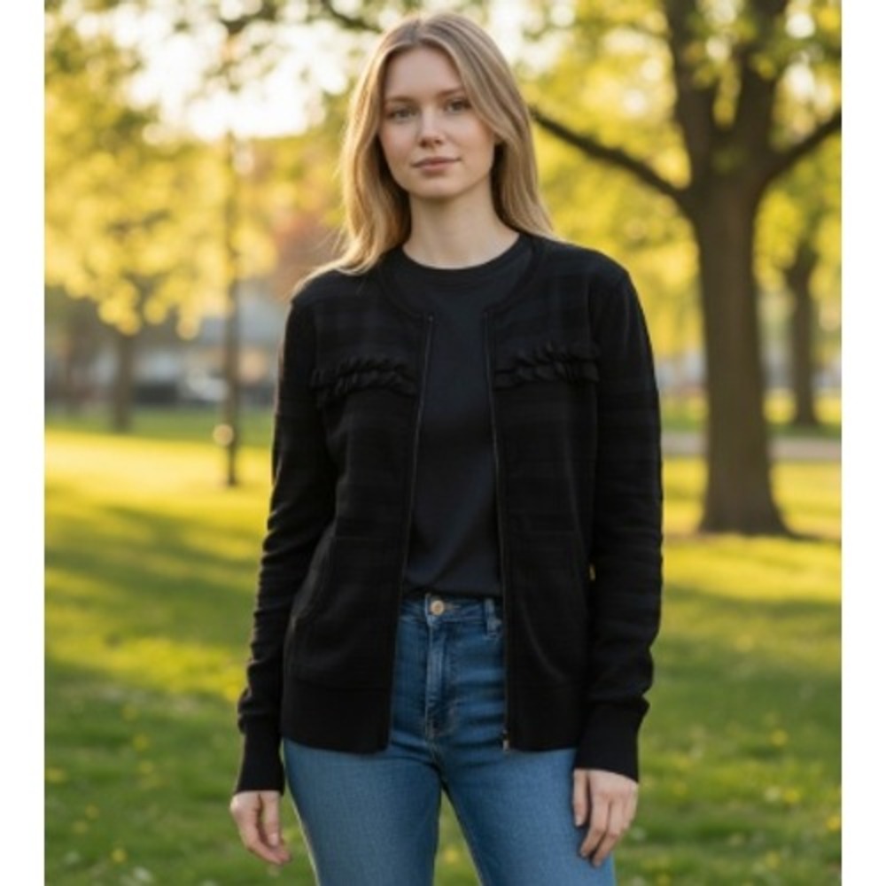 Charlotte‎ Tarantola Zip Up Ruffle Cardigan Sweater Womens Medium Black Striped
